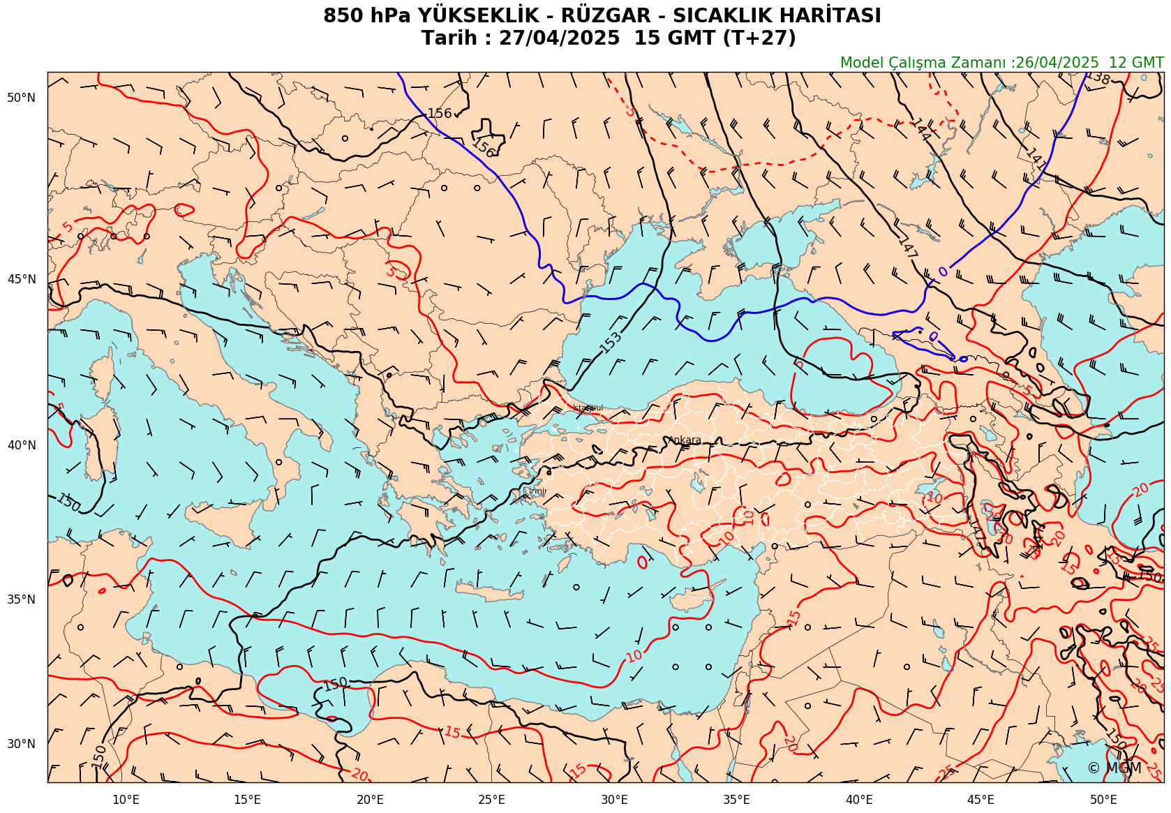 WRF Model Harita: 850 hPa Haritası