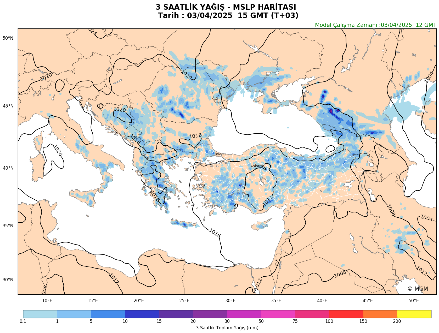 MM5 Model Harita Animasyonu: 3 Saatlik Yağış Haritası