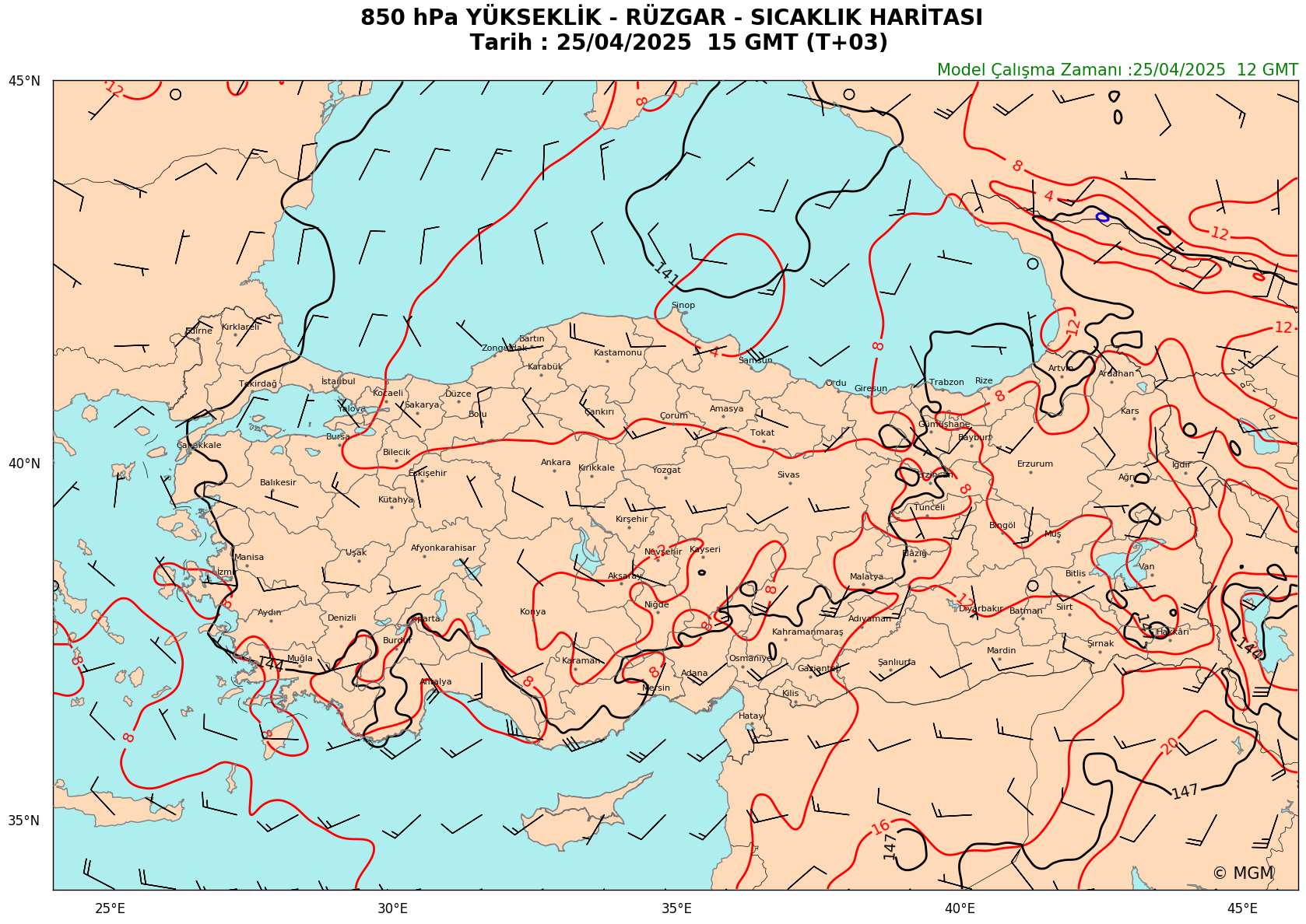 WRF Model Harita: 850 hPa Haritası