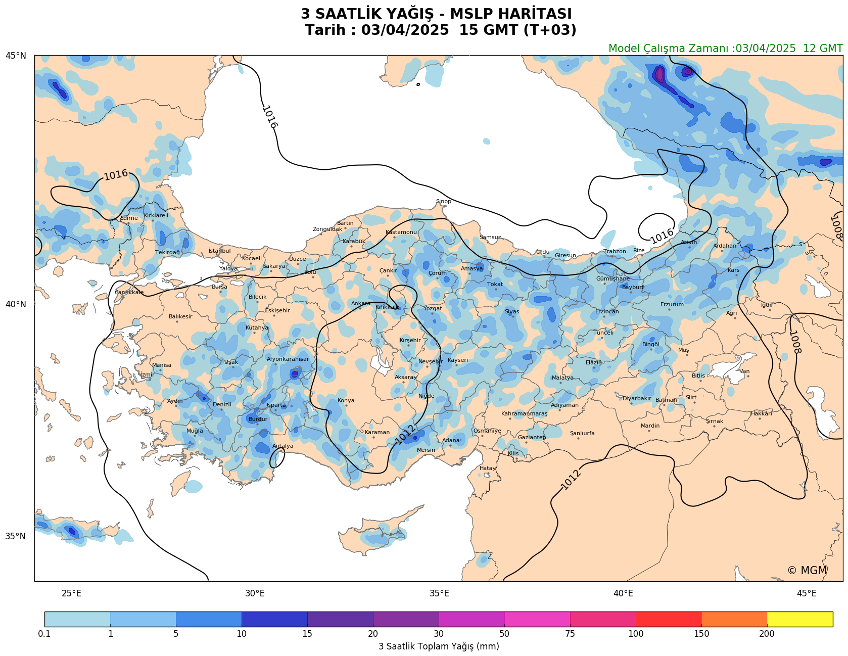 WRF Model Harita: 3 Saatlik Yağış Haritası