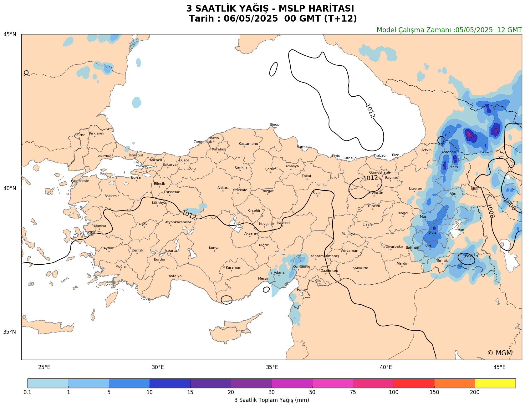 WRF Model Harita: 3 Saatlik Yağış Haritası