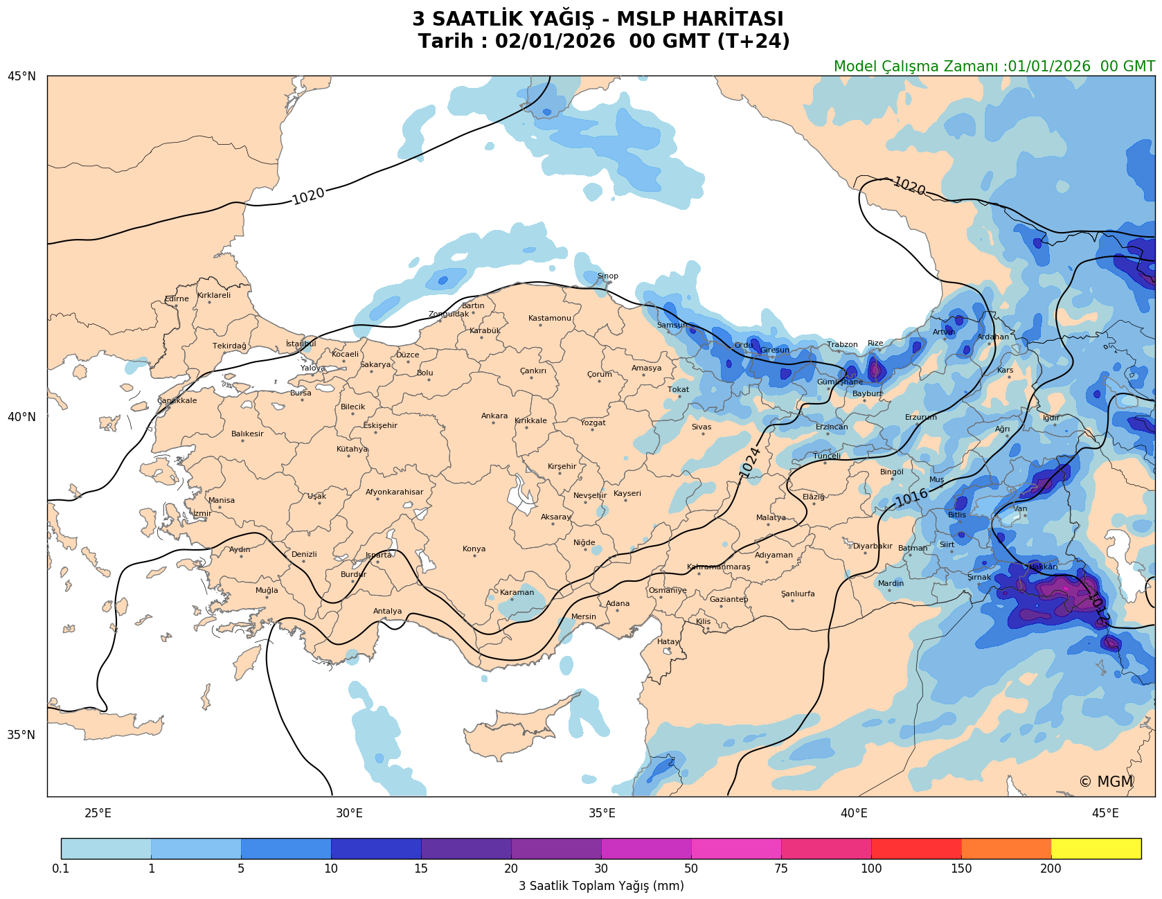 WRF Model Harita: 3 Saatlik Yağış Haritası
