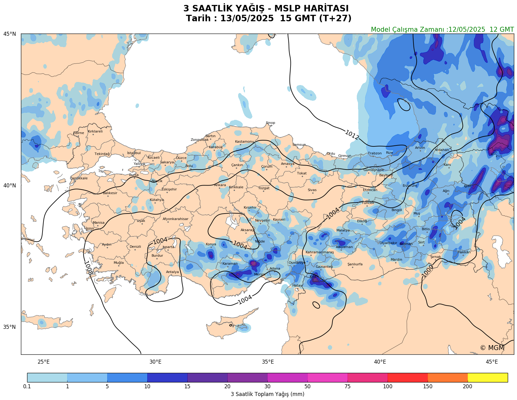 WRF Model Harita: 3 Saatlik Yağış Haritası