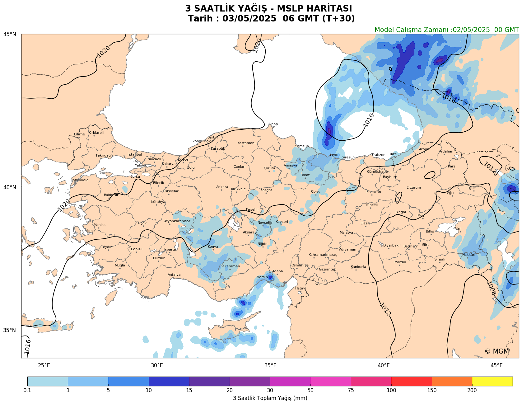 WRF Model Harita: 3 Saatlik Yağış Haritası