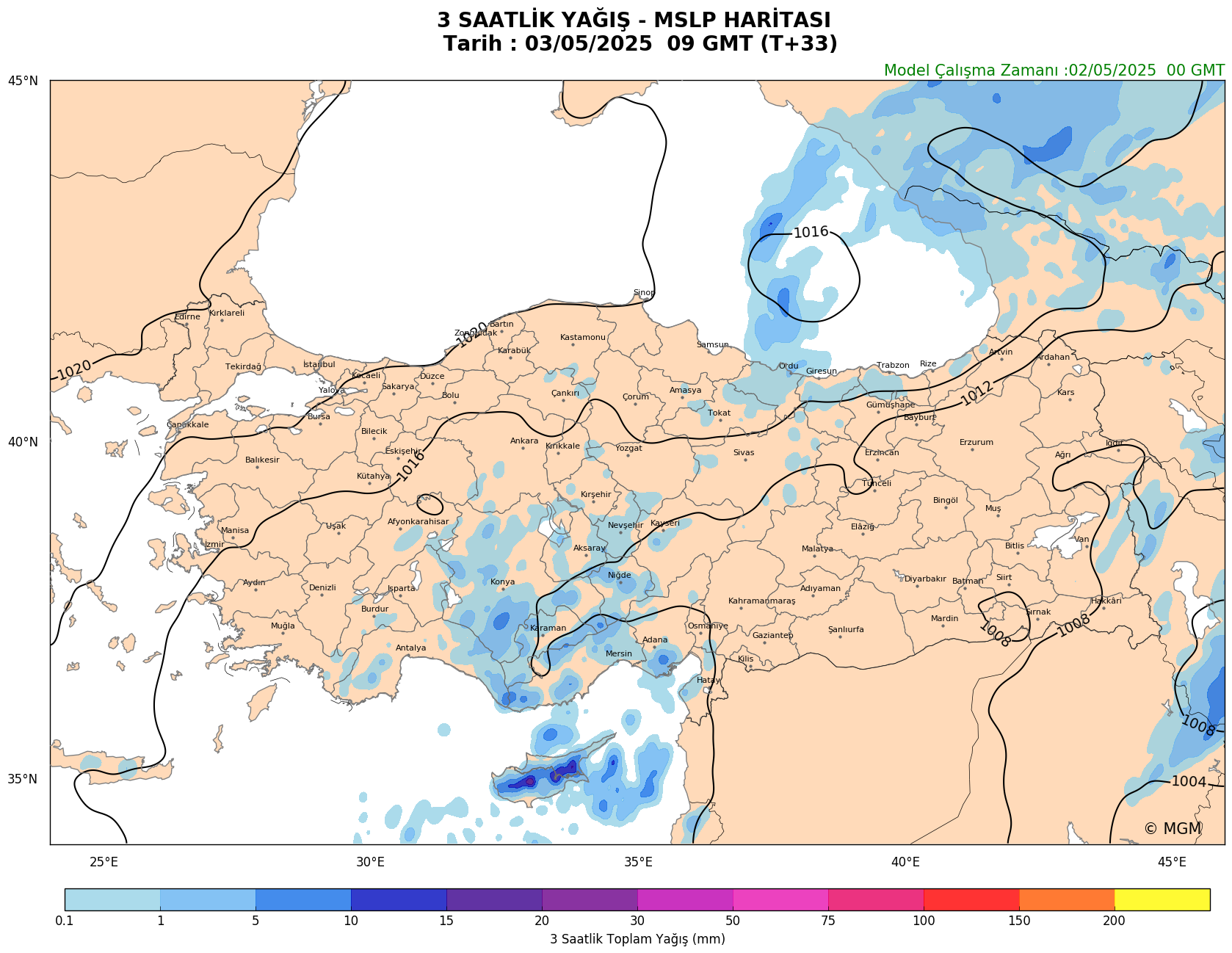 WRF Model Harita: 3 Saatlik Yağış Haritası