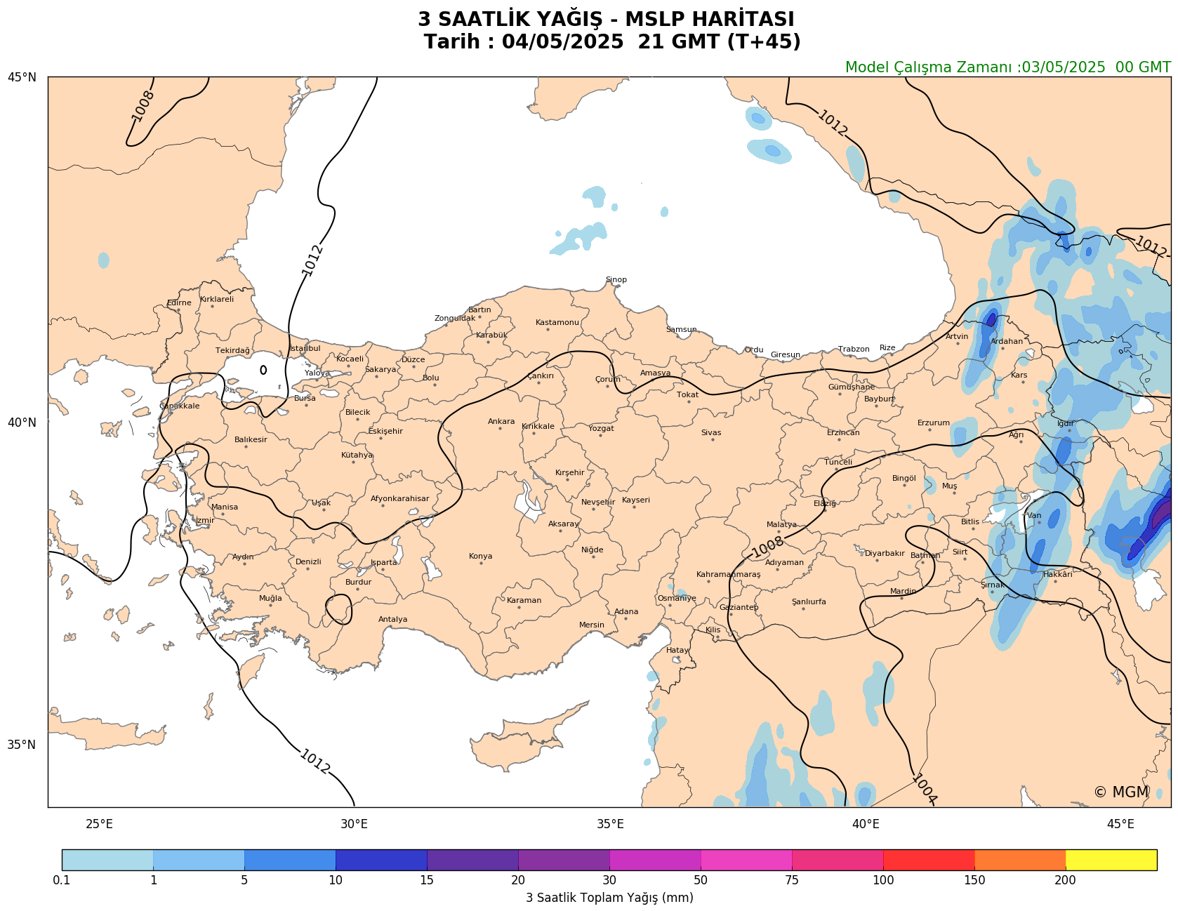 WRF Model Harita: 3 Saatlik Yağış Haritası