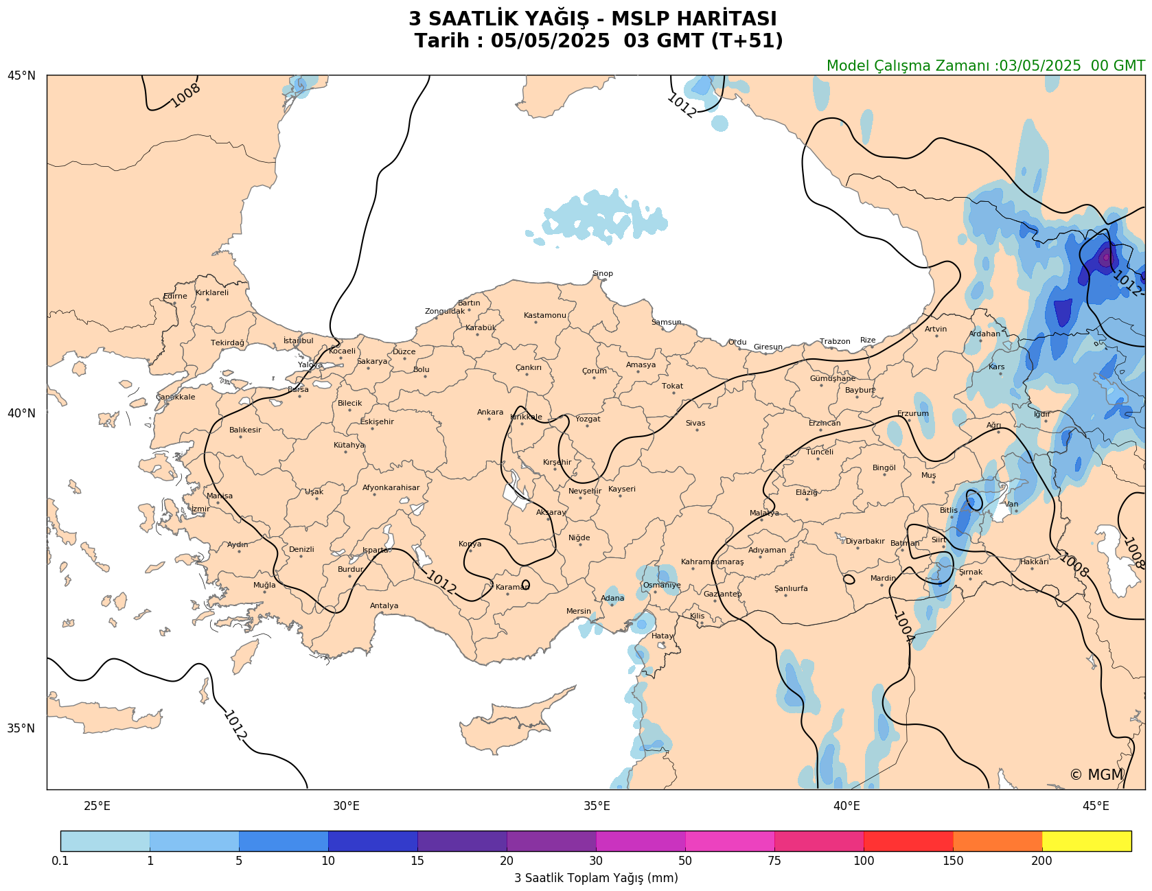 WRF Model Harita: 3 Saatlik Yağış Haritası