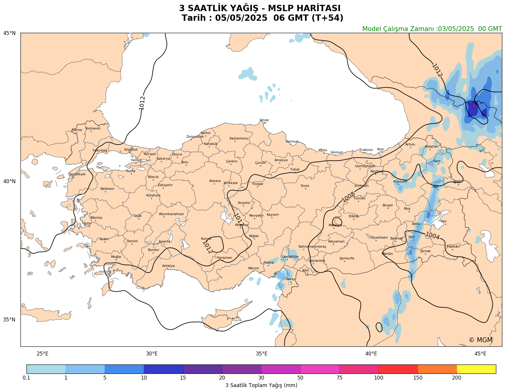 WRF Model Harita: 3 Saatlik Yağış Haritası