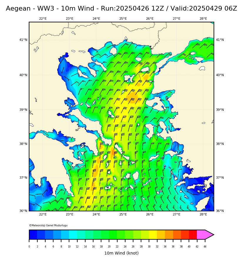 ww3 Harita: 10 m. Wind Direction and Speed