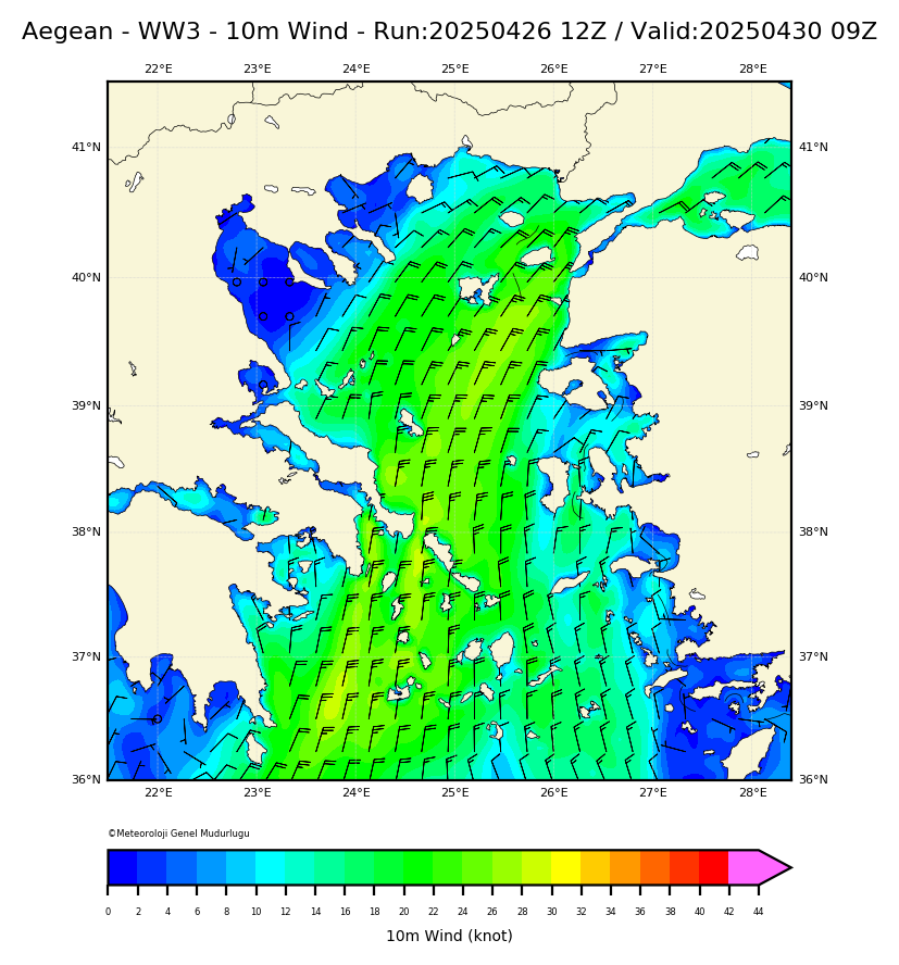 ww3 Harita: 10 m. Wind Direction and Speed
