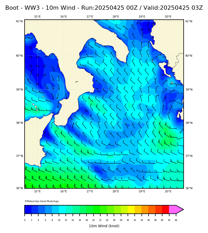 ww3 Harita: 10 m. Wind Direction and Speed