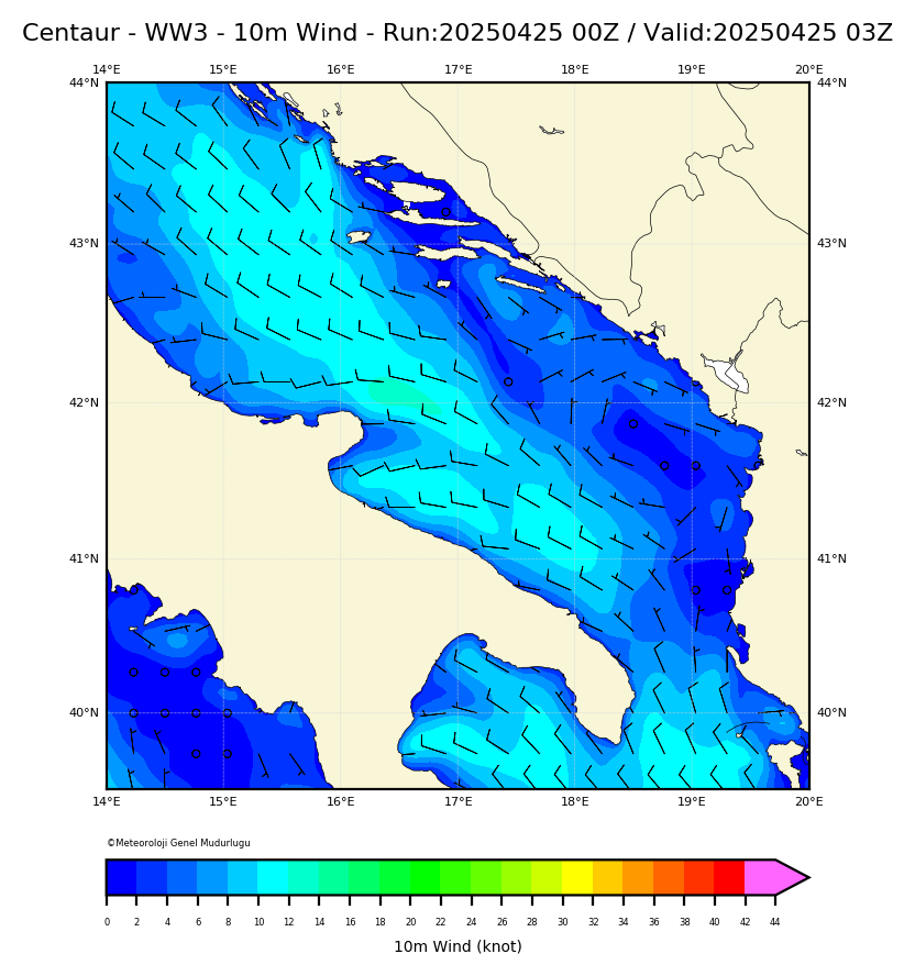 ww3 Harita: 10 m. Wind Direction and Speed