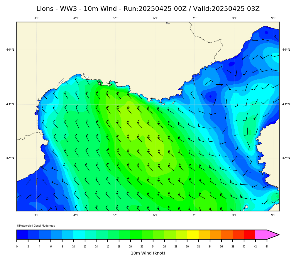 ww3 Harita: 10 m. Wind Direction and Speed