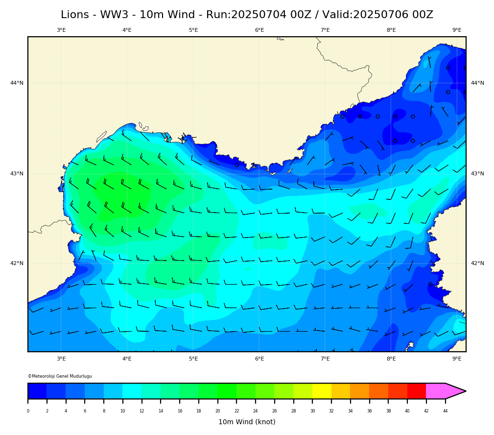 ww3 Harita: 10 m. Wind Direction and Speed