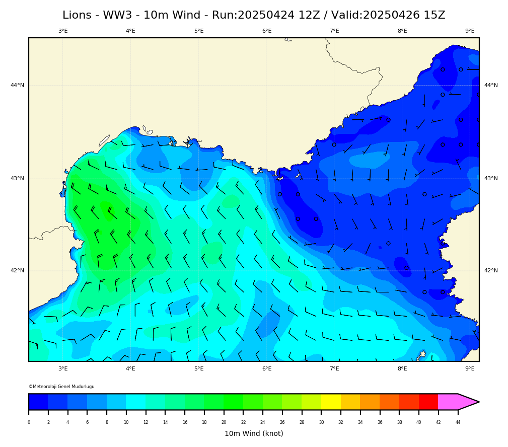 ww3 Harita: 10 m. Wind Direction and Speed