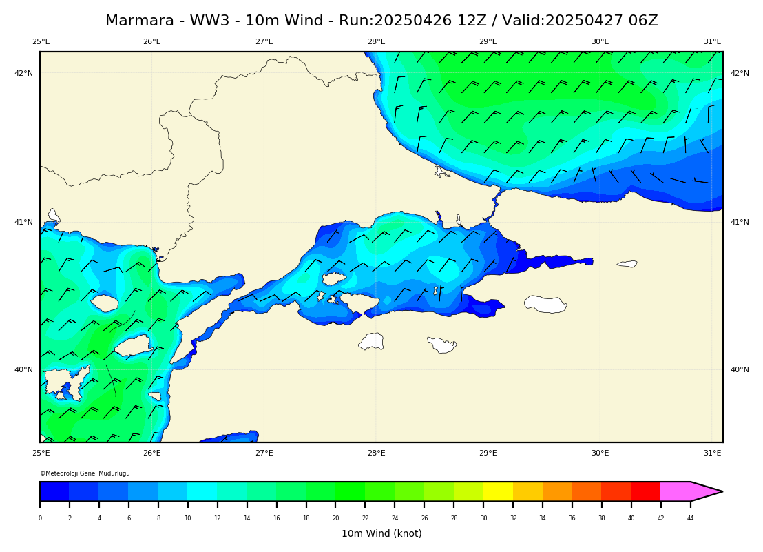 ww3 Harita: 10 m. Wind Direction and Speed