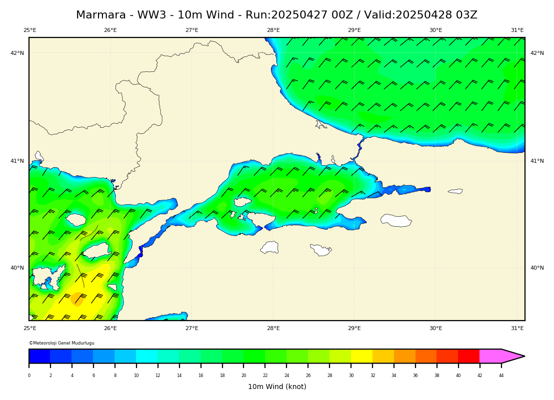 ww3 Harita: 10 m. Wind Direction and Speed