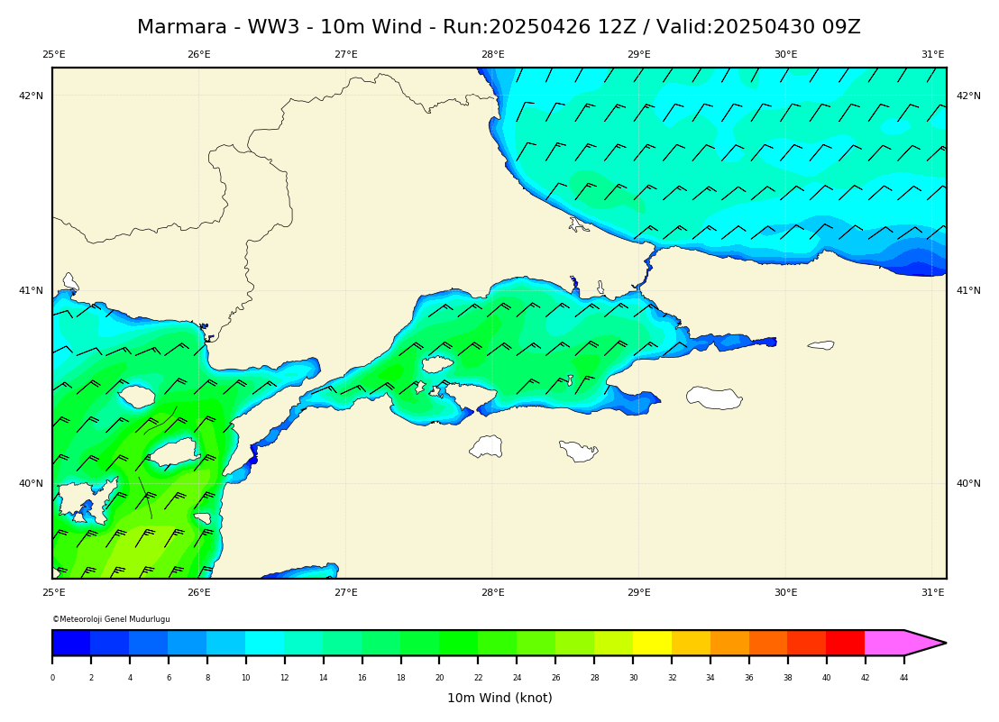 ww3 Harita: 10 m. Wind Direction and Speed