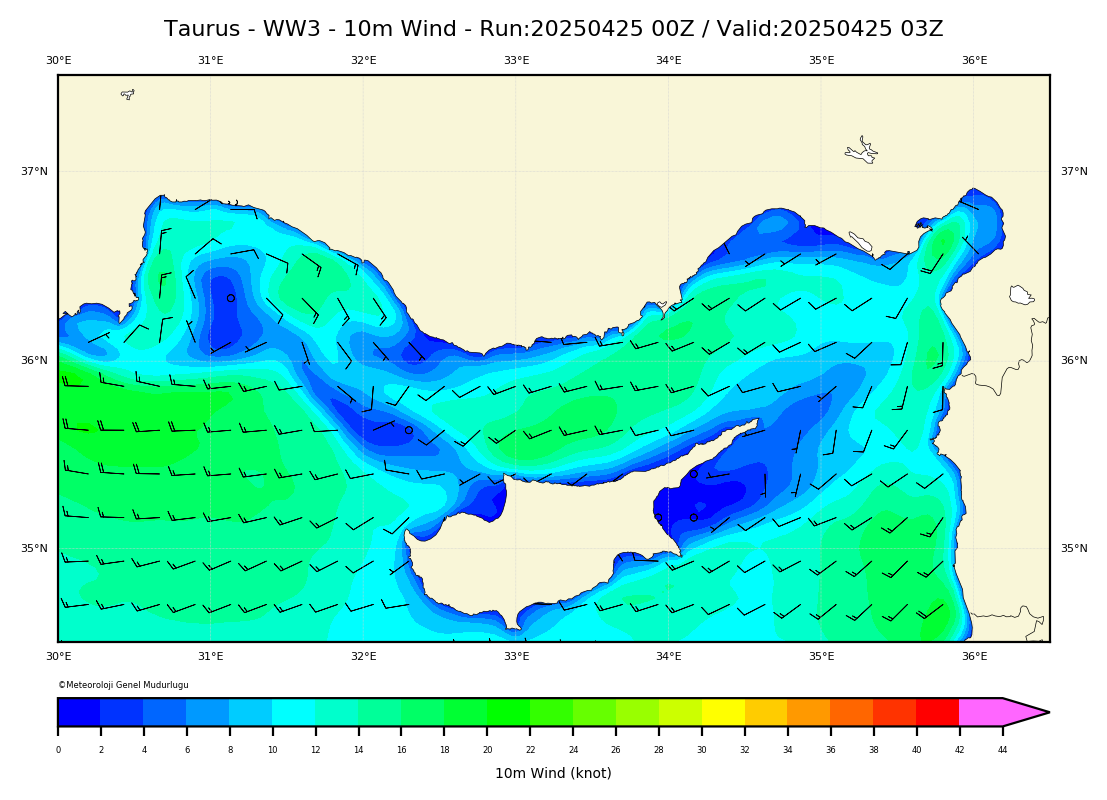 ww3 Harita: 10 m. Wind Direction and Speed