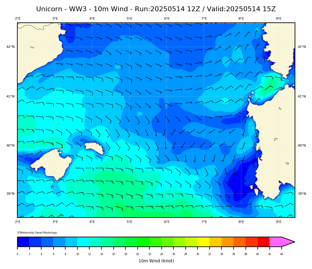 ww3 Harita: 10 m. Wind Direction and Speed