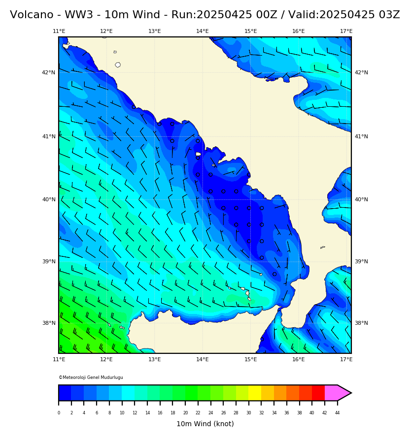 ww3 Harita: 10 m. Wind Direction and Speed