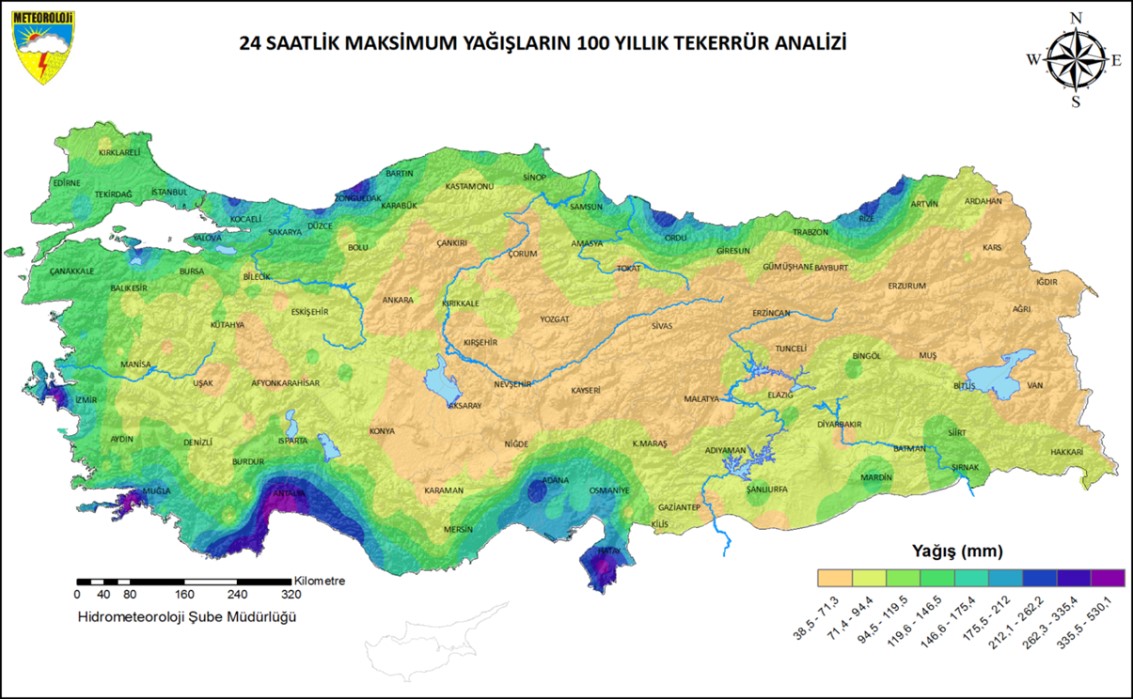 Şekil 10. 24 Saatlik Maksimum Yağışların 100 Yıllık Tekerrür Analizi Haritası