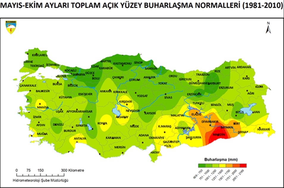 Şekil 12. (1981-2010) Mayıs-Ekim Dönemi Toplam Buharlaşma Normalleri