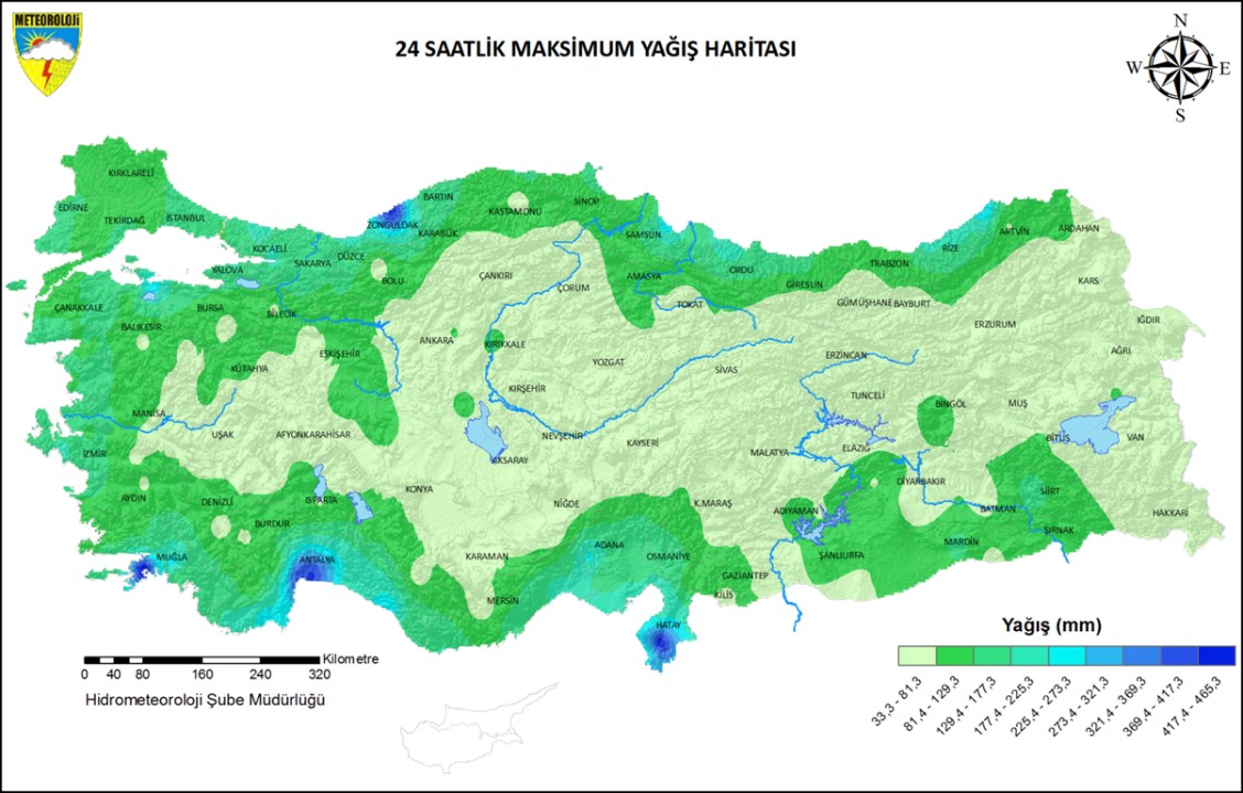 Şekil 9. 24 Saatlik Maksimum Yağışların Dağılımı Haritası