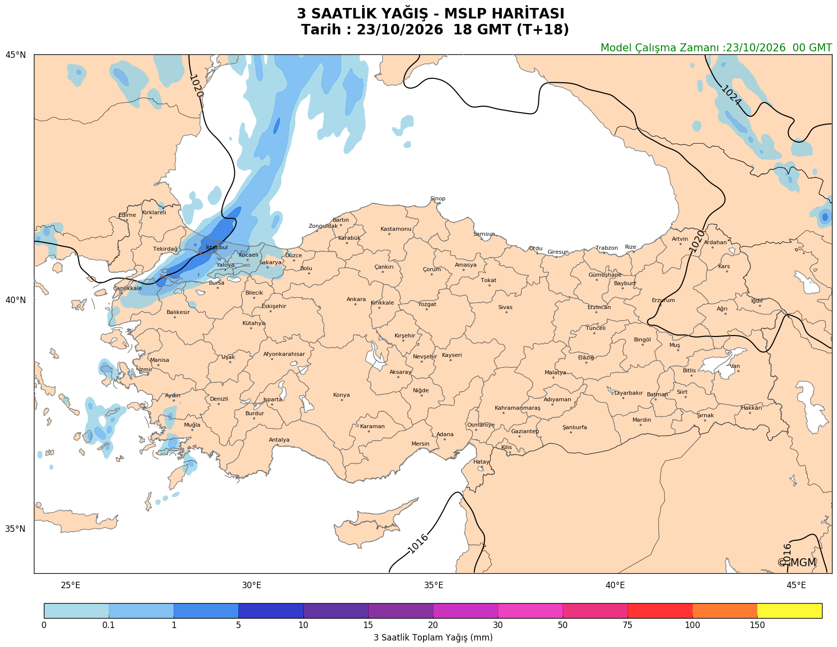 WRF Model Harita: 3 Saatlik Yağış Haritası