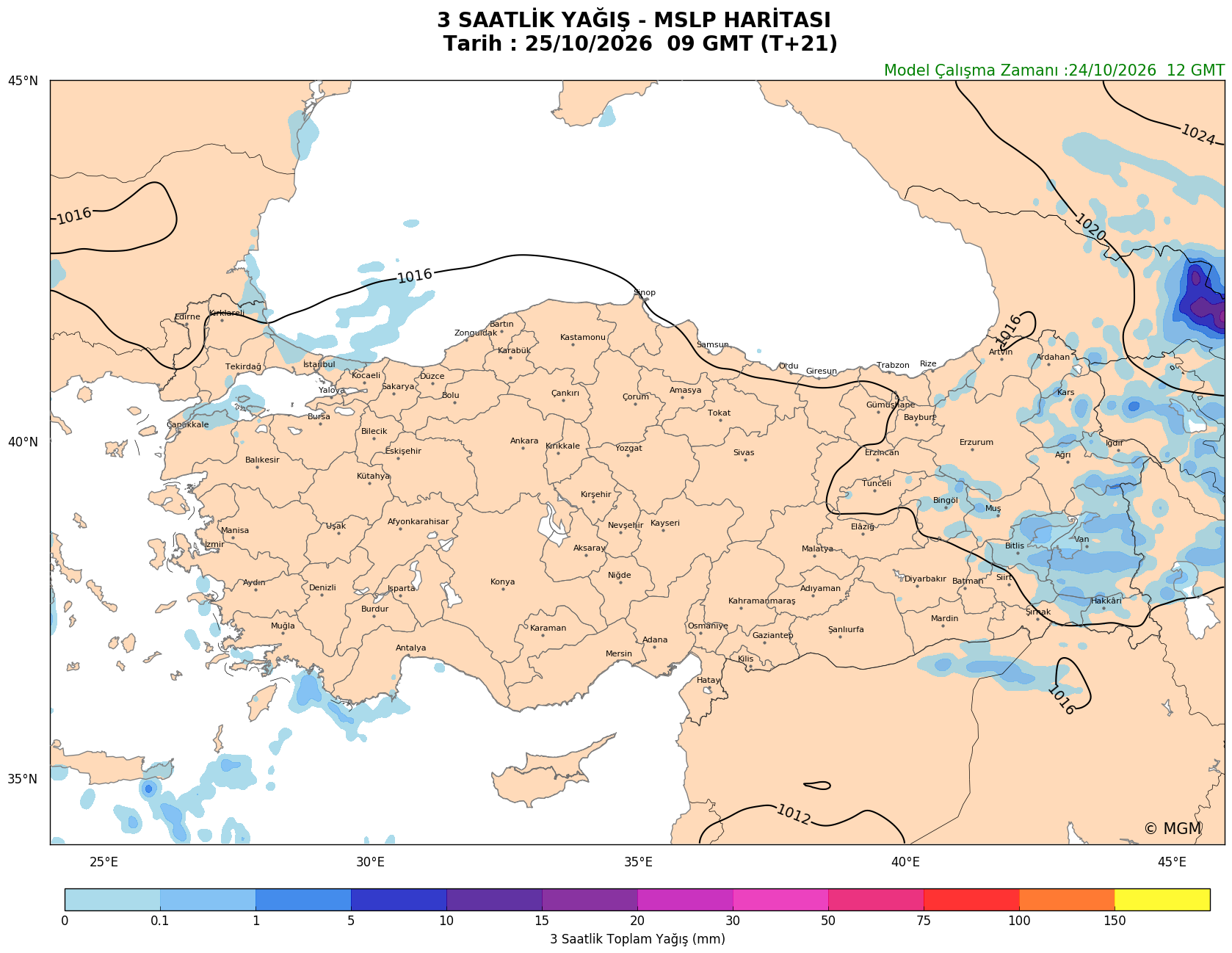 WRF Model Harita: 3 Saatlik Yağış Haritası
